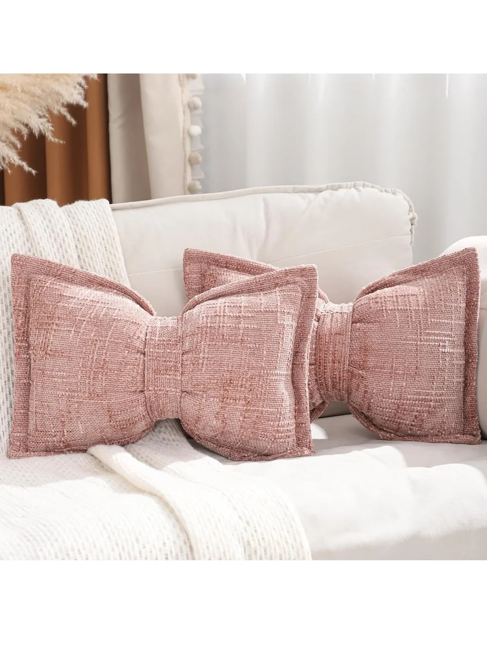 Blush Pink Bow Accent Throw Pillow Pair